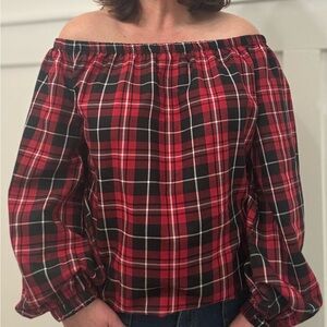 VENUS Red and Black Plaid Off-Shoulder Blouse